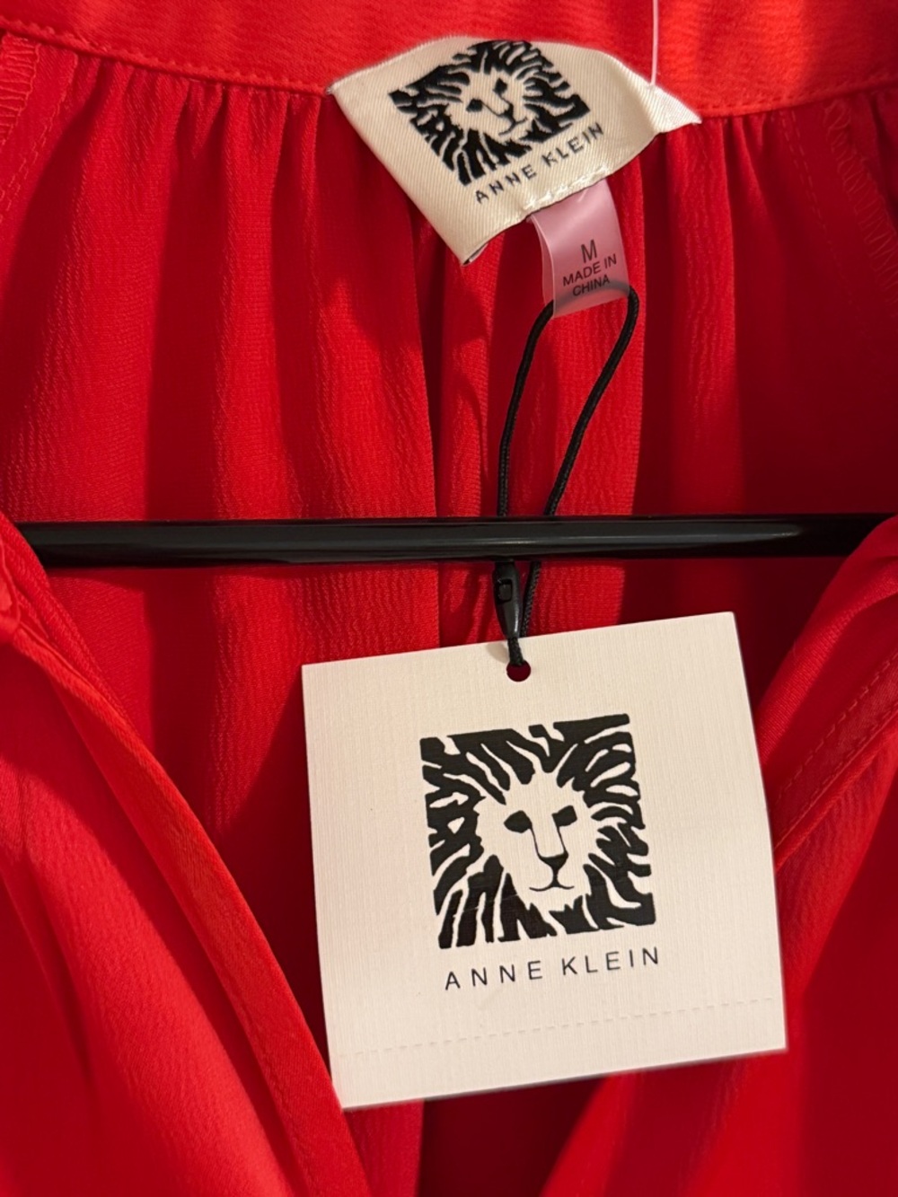 Anne Klein Red Satin Tie-Front Button Down Blouse - Picture 3 of 4
